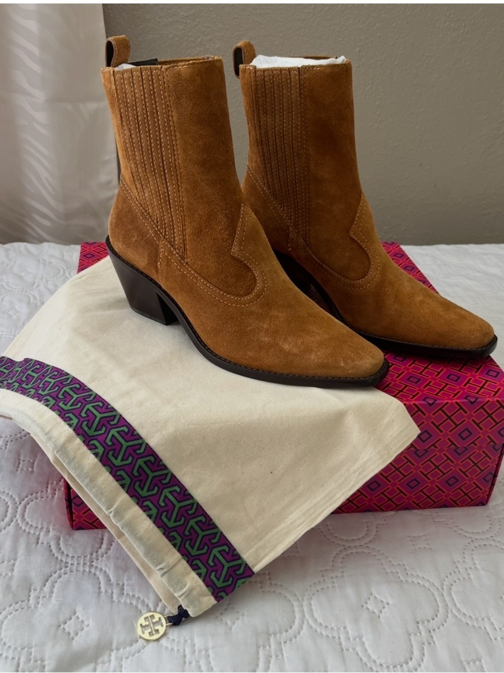 Tory Burch Western Suede Ankle Boots 45mm Rhum Brown Size 8 NIB